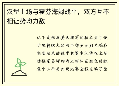 汉堡主场与霍芬海姆战平，双方互不相让势均力敌