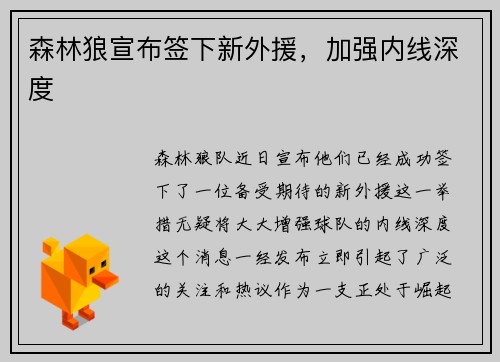 森林狼宣布签下新外援，加强内线深度