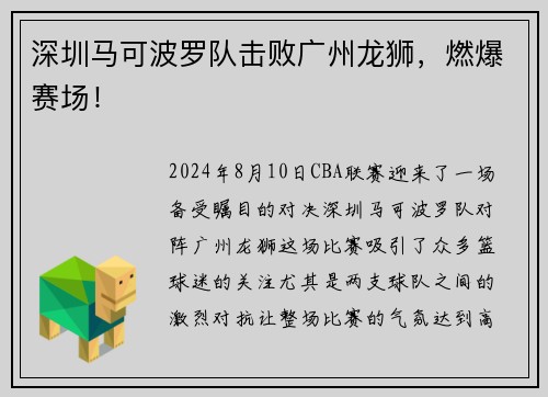 深圳马可波罗队击败广州龙狮，燃爆赛场！