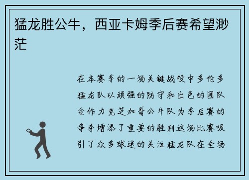 猛龙胜公牛，西亚卡姆季后赛希望渺茫