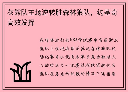 灰熊队主场逆转胜森林狼队，约基奇高效发挥